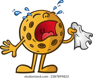 Pickleball cartoon character mascot weeping and sobbing into a tissue with tears streaming out of his eyes while throwing a fit because of a lost pickle ball match