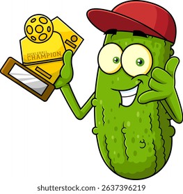 Pickleball Cartoon Mascot Character Holding Champion Trophy And Smiling Proudly – Vector Hand Drawn Illustration Isolated On Transparent Background