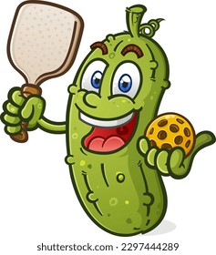 Pickleball Cartoon Mascot holding a Paddle and Ball with a big smile on his face