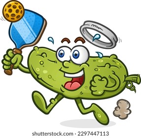 Pickleball cartoon pickle character running to take a shot and sweating through his sweatband