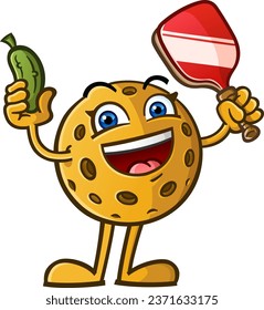 Pickleball cartoon standing and smiling with excitement while holding a paddle and a pickle cucumber ready for a match up and a delicious snack