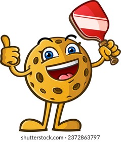 Pickleball cartoon standing and smiling with excitement while holding a paddle and tossing up an enthusiastic thumbs up hand gesture and looking cool with attitude