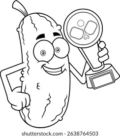 Pickleball Champion Pickle Mascot Character Holding Trophy – Black And White Vector Hand Drawn Illustration Isolated On Transparent Background