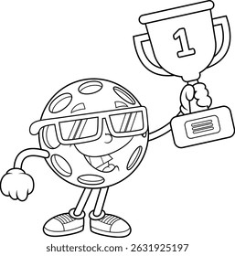 Pickleball Character Holding Trophy Wearing Sunglasses Black And White - Vector Hand Drawn Illustration Isolated On Transparent Background
