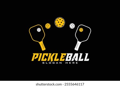 Pickleball club badge logo design emblem, Pickleball racket and ball icon vector on black background.