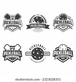 Pickleball club logo badge set, pickleball design in black and white colors