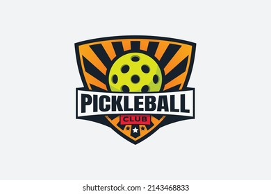 pickleball club logo with a ball, shield, and stars.