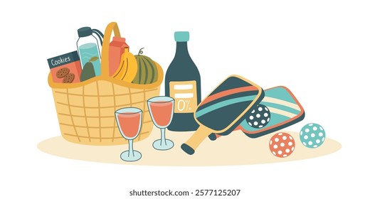 Pickleball concept background. Pickleball paddles, balls, basket of food and alcohol-free wine. Concept of rest and spending time with friends. Vector hand drawn illustration.