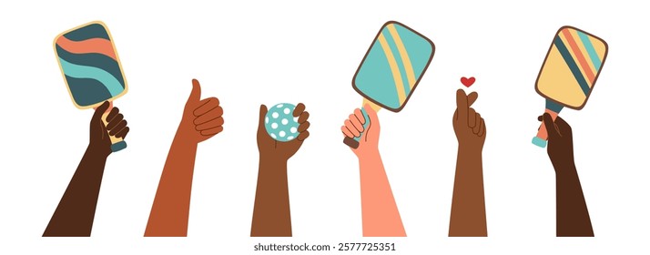 Pickleball concept banner. Diverse hands holding paddles and ball with gestures of approval and love. Concept of sport, teamwork, and social fun. Vector hand drawn background in flat style.