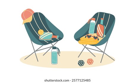 Pickleball concept banner. Pickleball paddles and balls and camping chairs isolated on white. Concept of rest, game and spending time with friends. Vector hand drawn background.