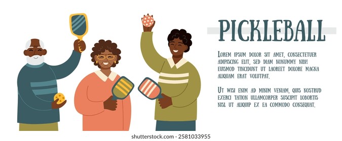 Pickleball concept banner. People with paddles and balls isolated on white background. Concept of sport, active lifestyle, activity, wellbeing, leisure and outdoor recreation. Vector flat background.