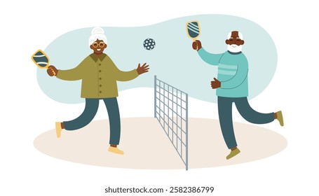 Pickleball concept banner. Senior couple playing pickleball. Concept of active lifestyle, sport, wellbeing, leisure and outdoor recreation. Vector flat background.