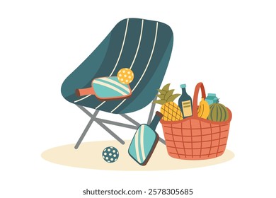 Pickleball concept poster. Relaxing scene with a chair, paddles, balls, and a picnic basket filled with food and drinks. Concept of sport, leisure, and outdoor recreation. 