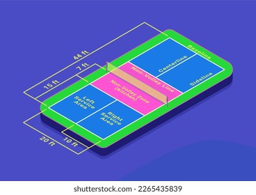 Pickleball court dimensions isometric diagram. Vector illustration without gradients.