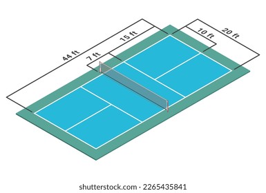 Pickleball court dimensions isometric diagram. Vector illustration without gradients.