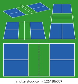 pickleball court game scheme. different perspective top, side, isometric view in flat line color. stock vector illustration