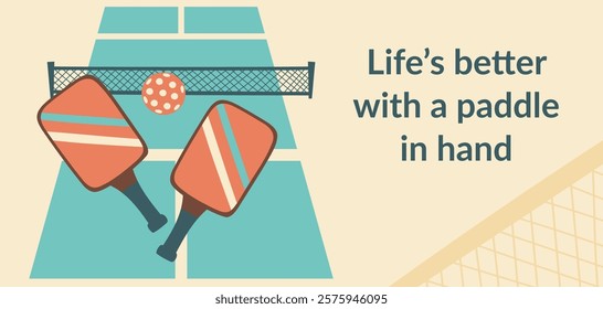 Pickleball court with paddles and ball. Pickleball banner. Concept of sport, activities, hobbies, leisure, healthy lifestyle. Vector background.