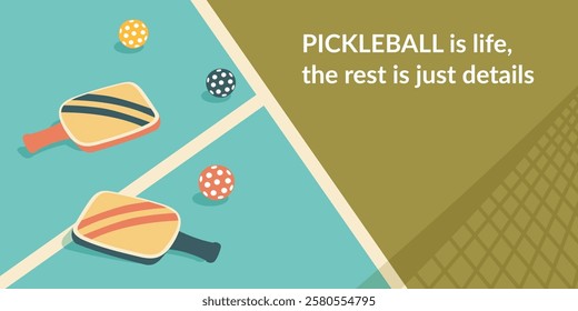 Pickleball court with paddles and balls. Pickleball background. Concept of sport, activities, hobbies, leisure, healthy lifestyle. Vector banner.	