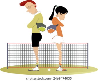Pickleball court. Quarrel between players.
Upset young man and woman standing back to back with down hands on the court for picklball

