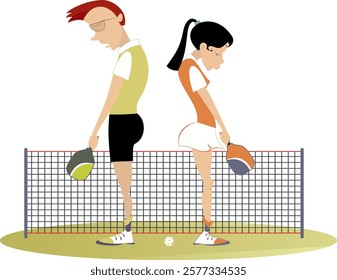 Pickleball court. Quarrel between players. Upset young man and woman standing back to back with down hands on the court for picklball	