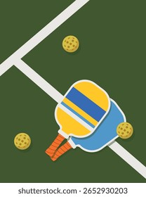 Pickleball Court Scene with Paddles and Balls for Event Poster Design Background