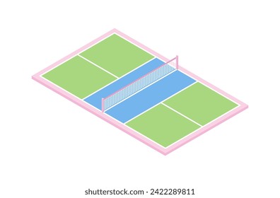 Pickleball court top isometric 3d view. Colorful and modern vector illustration.