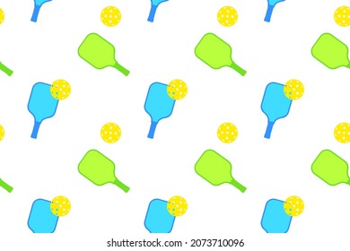 Pickleball cover pattern. Pickle ball paddles and balls om white background.