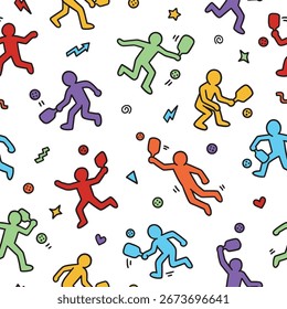 Pickleball rabiscar padrão sem emenda. Plano de fundo de design plano de ilustração de vetor. 