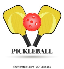 Pickleball emblem. Two crossed rackets and pickleball ball. Active sports for whole family. Pickleball Sports equipment. Logo for sports club. Vector illustration on white background