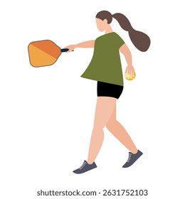 Pickleball female player holding paddle and ball	