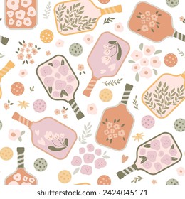 Pickleball floral pattern with paddles, balls, flowers. Summer game repeat background. Female tennis print in pastel colors, wallpaper, textile, fabric, wrapping paper. Hand drawn vector illustration.