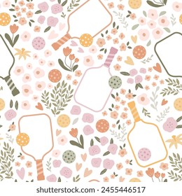 Pickleball floral pattern with paddles, balls, flowers. Summer game repeat background. Female tennis print in pastel colors, wallpaper, textile, fabric, wrapping paper. Hand drawn vector illustration.