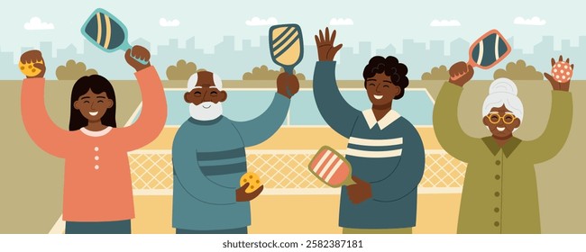 Pickleball game concept backgro. Active people with paddles and balls. Concept of sport, active lifestyle, retirement activities, wellbeing and outdoor recreation. Vector flat banner.