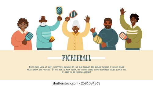 Pickleball game concept background. Active people with paddles and balls isolated on white. Concept of sport, active lifestyle, activity, wellbeing, leisure and outdoor recreation. Vector flat banner.