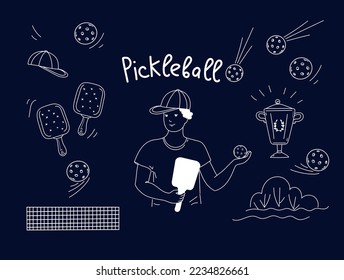 Pickleball game doodle set. Vector outline illustration.