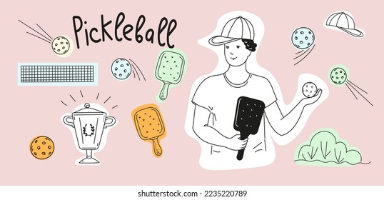 Pickleball game doodle set. Vector outline illustration.