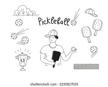 Pickleball game doodle set. Vector outline illustration.