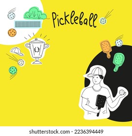 Pickleball game doodle set. Vector outline illustration.