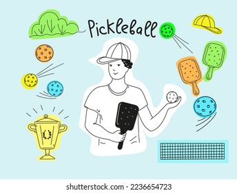 Pickleball game doodle set. Vector outline illustration.