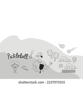 Pickleball game doodle set. Vector outline illustration.