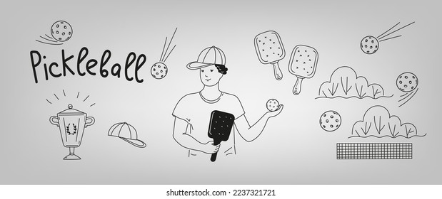 Pickleball game doodle set. Vector outline illustration.