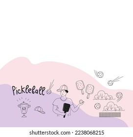 Pickleball game doodle set. Vector outline illustration.