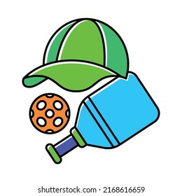 Pickleball game elements vector illustration. Active sport for adult. Paddle, ball, baseball cap pickleball sport symbols.