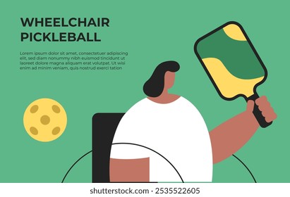 Juego de pelota en la cancha. Pickleball Black Girl Jugador en la silla con raquetas. Actividad deportiva, partido, equipo de entrenamiento. Juego, servir con raquetas. Ilustración vectorial plana en estilo de dibujos animados.