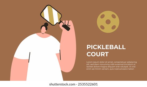 Juego de pelota en la cancha. Jugador de Pickleball Chica con raqueta y pelota. Actividad deportiva, partido, equipo de entrenamiento. Juego, servir con raqueta. Ilustración vectorial plana en estilo de dibujos animados.