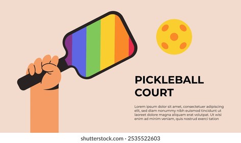 Juego de pelota en la cancha. Jugador de Pickleball con raqueta LGBT. Actividad deportiva, partido, equipo de entrenamiento. Juego, servir con raquetas. Ilustración vectorial plana en estilo de dibujos animados.