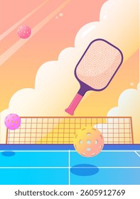 Pickleball game with a paddle and perforated balls in mid-air over a blue court, set against a warm, pastel-colored sky with clouds, symbolizing energy, fun, and outdoor activity