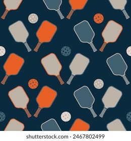 Pickleball game seamless pattern. paddle and balls on the dark blue background. Summer sport repeat print, tennis wallpaper, textile, fabric, wrap, gift paper, package design. Vector illustration.