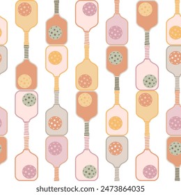 Pickleball game seamless pattern, paddle, balls in pastel colors. Cute light background. Summer sport repeat print, tennis wallpaper, textile, fabric, wrap, gift paper design. Vector illustration.