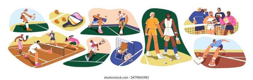 Juego de Pickleball. Jugadores con raquetas golpeando la bola de pepinillo en la cancha con la red. Personajes masculinos, femeninos con paletas de raqueta en el partido, juego deportivo. Ilustración vectorial plana aislada sobre fondo blanco